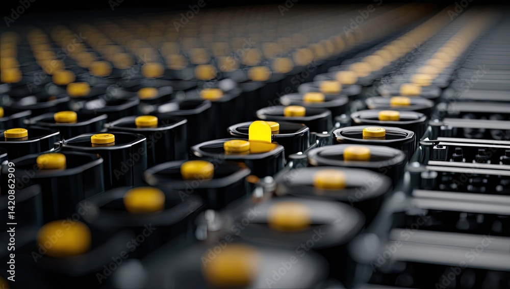 Obraz premium One Yellow Container Stands Out Among Many Black Containers in a Row: A Study in Visual Contrast and Industrial Design