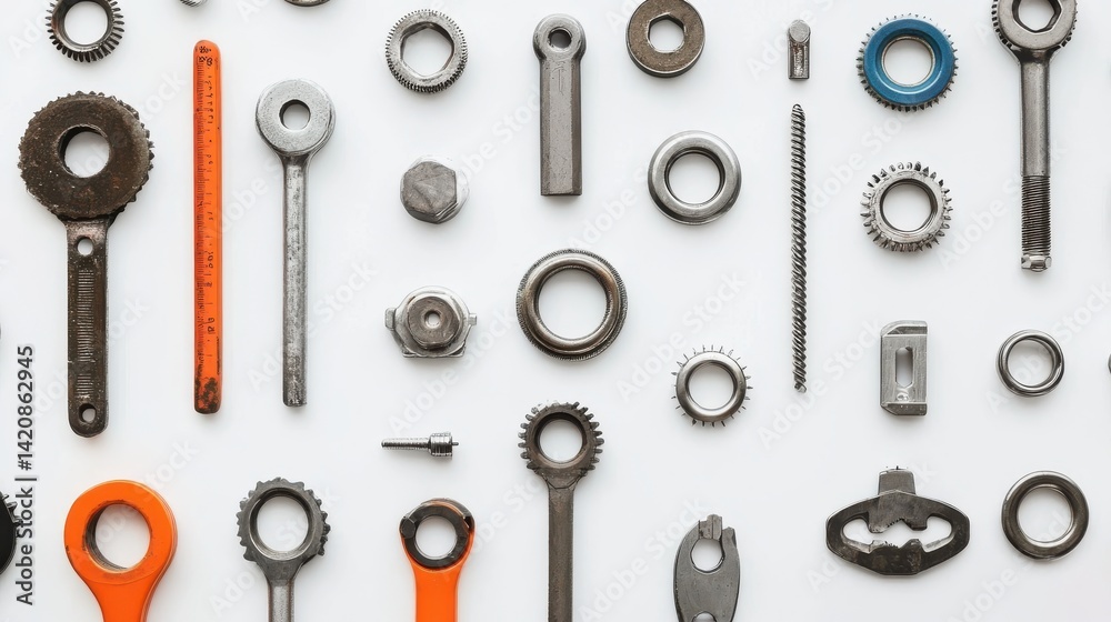 Various Tools and Fasteners on a White Surface for Crafts and Repairs Various Tools and Fasteners on a White Surface for Crafts and Repairs