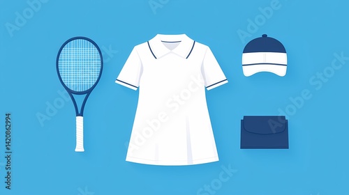 Tennis Outfit, Racket, Dress, Cap, Bag, Flat lay of tennis apparel, dress, racket, cap, bag