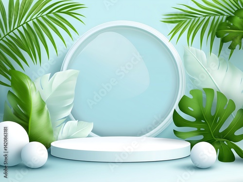 Tropical Product Display with a Light Blue Podium Surrounded by Lush Green Palm Leaves and White Spheres.