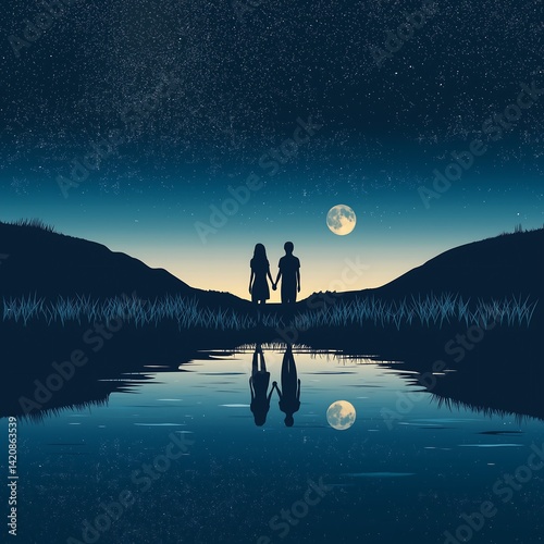 Romantic Silhouette of a Couple Holding Hands Under a Full Moon, Reflected in Calm Water at Night.