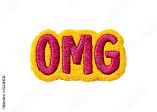 OMG embroidered patch on transparent background. Expressive exclamation with yellow and pink colors.