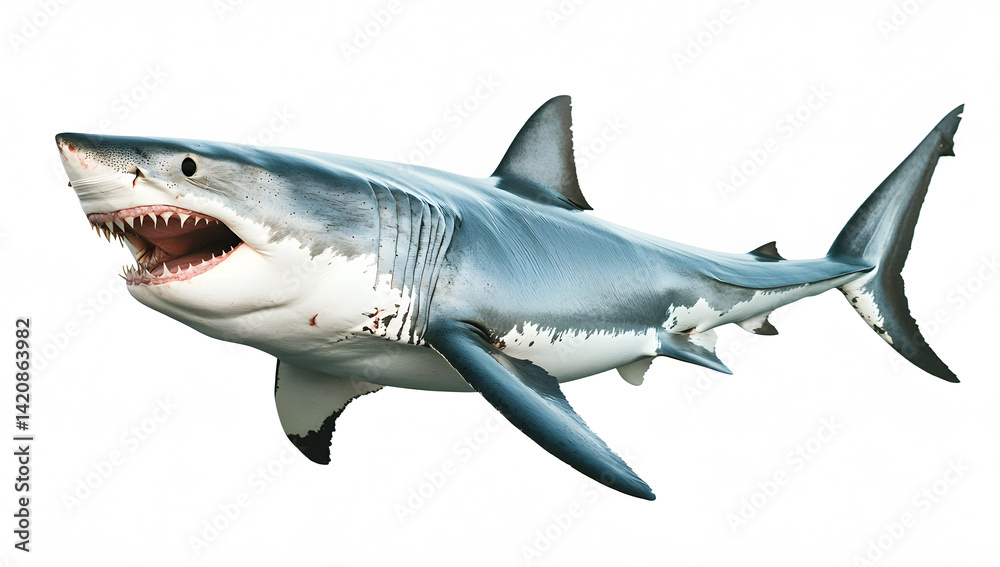 Obraz premium Powerful great white shark swimming underwater.