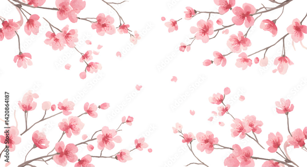 Watercolor Painting of Delicate Pink Cherry Blossoms and Falling Petals Watercolor Painting of Delicate Pink Cherry Blossoms and Falling Petals