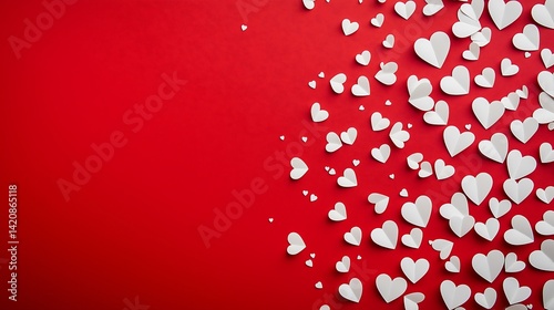 Minimalist Valentine's Day Concept with White Paper Cutout Hearts Arranged on the Right Side of a Rich Red Background.