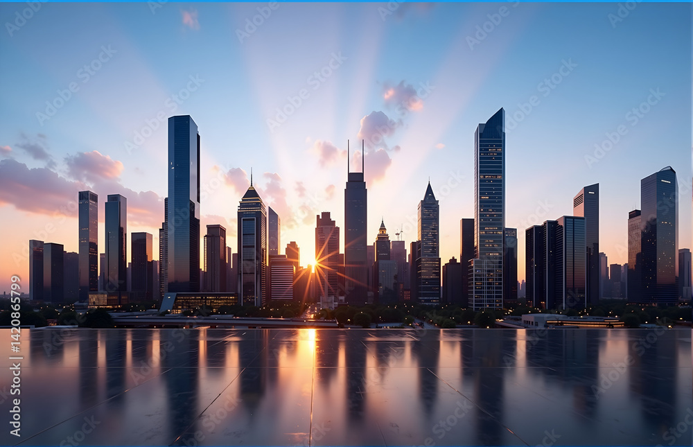 Fototapeta premium City Skyline at Sunset with Reflection