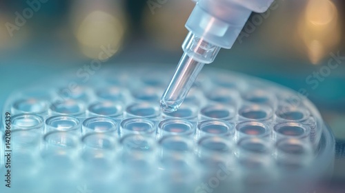 Macro shot of dosage tip and plastic plate for immunosorbent tests