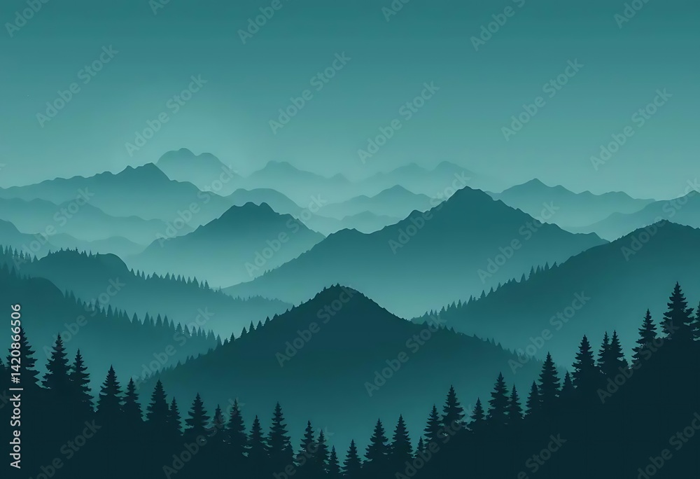Obraz premium Misty Mountain Ranges: A Serene Teal Landscape