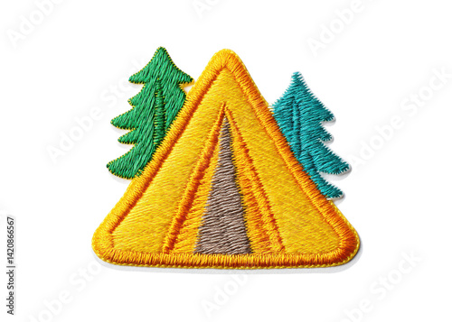 Camping patch with tent and trees. Embroidered outdoor adventure badge.