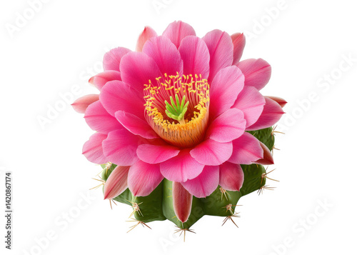 Close up of a vibrant pink cactus flower in full bloom against a transparent background. Floral beauty, nature, and desert plant concepts.