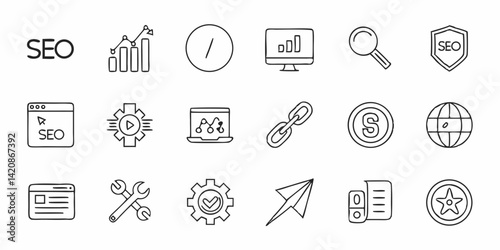 SEO and Digital marketing thin line icon set. Search engine optimization icons. Editable stroke. Vector
