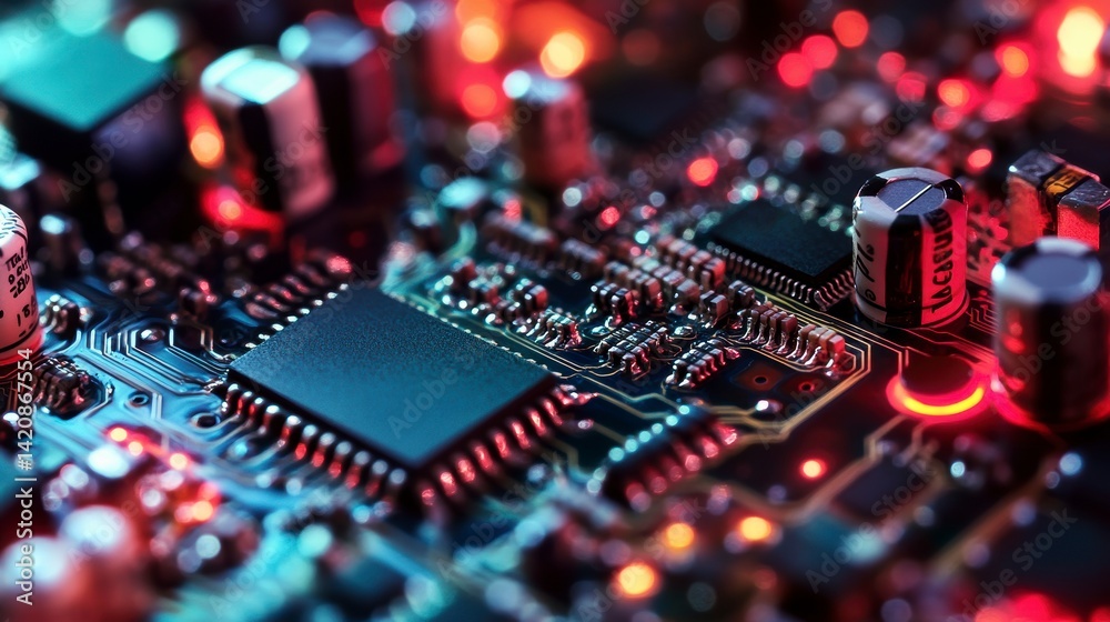 Close-up of illuminated circuit board with microchips, capacitors, and resistors. Close-up of illuminated circuit board with microchips, capacitors, and resistors.
