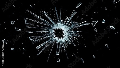 Studio wide-angle shot of a window glass pane breaking on a black background. Real high-speed explosion as an action concept template and overlay element, -