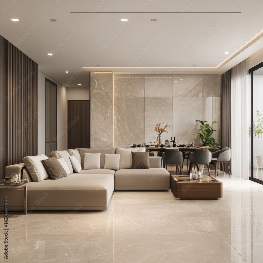 Fototapeta premium Modern Living Room with Beige Tones and Marble Accents