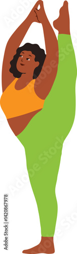 Woman practicing standing yoga stretch pose.