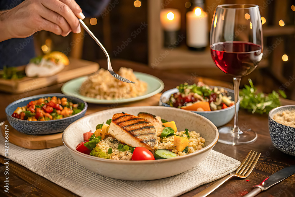 Delicious Grilled Fish Dinner with Quinoa Salad and Red Wine Delicious Grilled Fish Dinner with Quinoa Salad and Red Wine