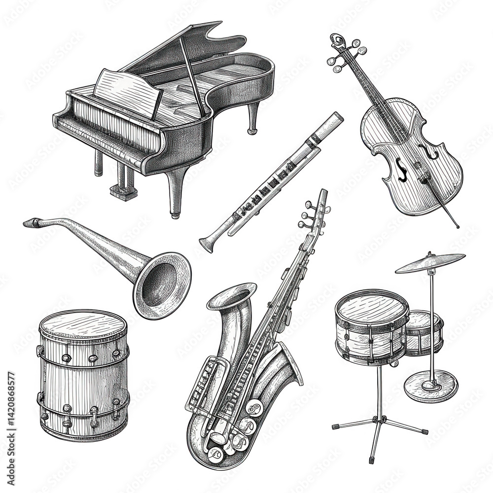 Set hand-drawn black and white. Musical instruments illustrated in a creative design on transparent background.