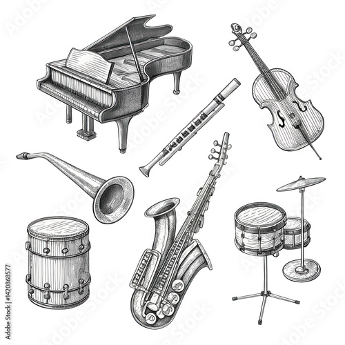 Obraz na płótnie Set hand-drawn black and white. Musical instruments illustrated in a creative design on transparent background. w salonie