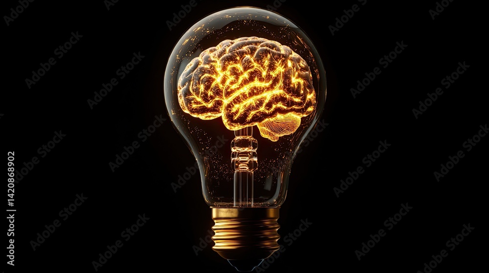 Illuminated brain concept inside a light bulb design, representing the fusion of creativity, intelligence, and innovative thinking to solve complex problems in the digital era. Illuminated brain concept inside a light bulb design, representing the fusion of creativity, intelligence, and innovative thinking to solve complex problems in the digital era.