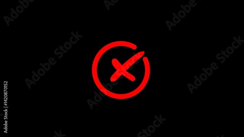 red cross mark animation, red cross mark symbol. cross icon animation. red cross mark brush stroke isolates black screen . red cross icon, cancel mark, reject sign, delete, prohibition, error.