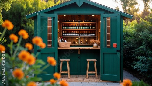 a rustic outdoor bar setup within a small wooden shed, painted in a deep green color. The shed features an open front with double doors, revealing a cozy interior.