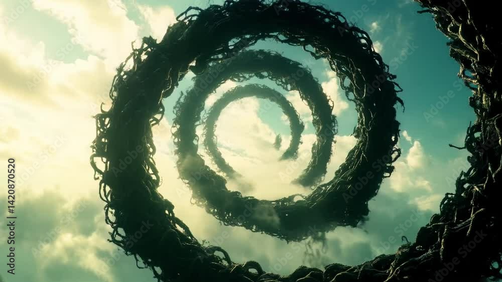 Espiral de ramas girando sobre el cielo con nubes blancas, mientras la silueta de un hombre corre a través del espiral. 
