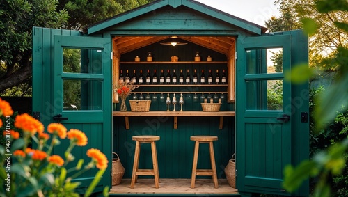 a rustic outdoor bar setup within a small wooden shed, painted in a deep green color. The shed features an open front with double doors, revealing a cozy interior.