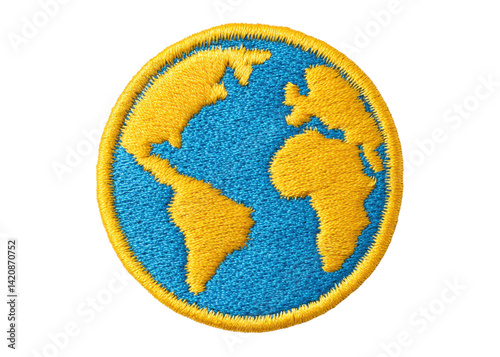 Embroidered patch of the Earth with continents in yellow and oceans in blue on a transparent background. photo