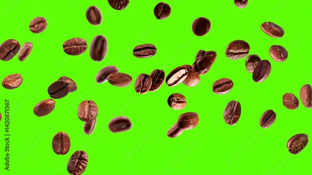 Granos de delicioso café girando y cayendo o flotando en un fondo verde croma para recorte. 