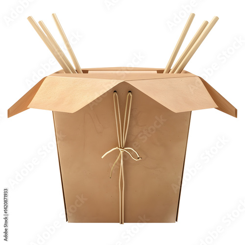 Realistic Wok Paper Box with Chopsticks Isolated on Transparent Background