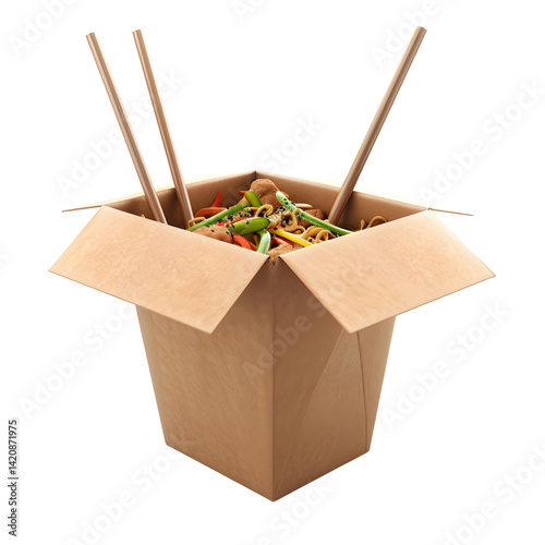 Realistic Wok Paper Box with Chopsticks Isolated on Transparent Background