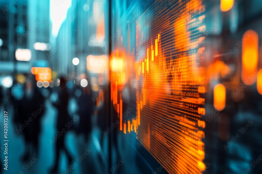 Fototapeta premium Financial market data displayed on a large screen, with blurred city background