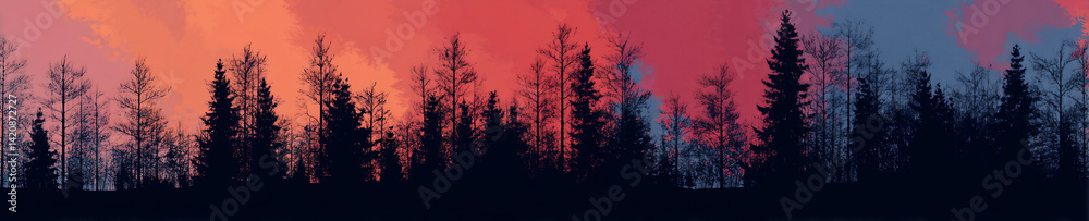 Obraz premium A painting of a forest with trees in the foreground and background