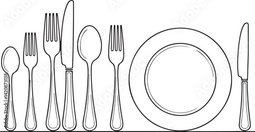 Fork, knife, spoon and plate set icons. Tableware set flat style. Dinnerservice collection. Plate, fork and knife for apps and websites