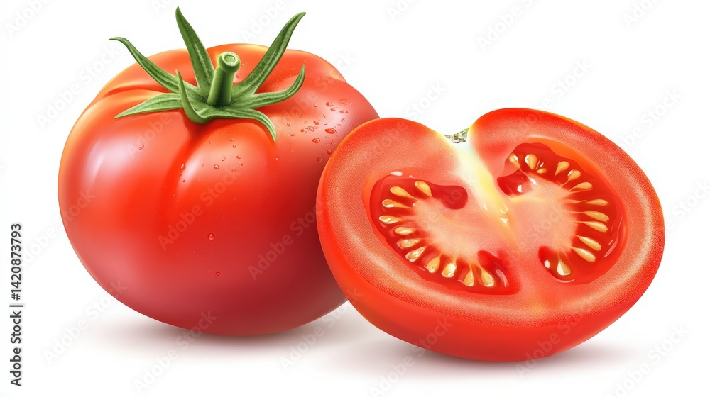 Fresh Red Tomato Whole and Sliced with Green Stem on White Background Fresh Red Tomato Whole and Sliced with Green Stem on White Background