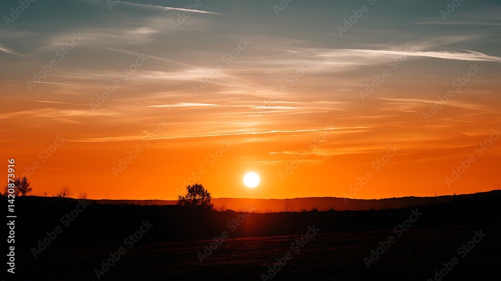 Breathtaking Sunset Over Rolling Hills with Warm Orange and Blue Skies at Dusk in Natural Landscape Breathtaking Sunset Over Rolling Hills with Warm Orange and Blue Skies at Dusk in Natural Landscape