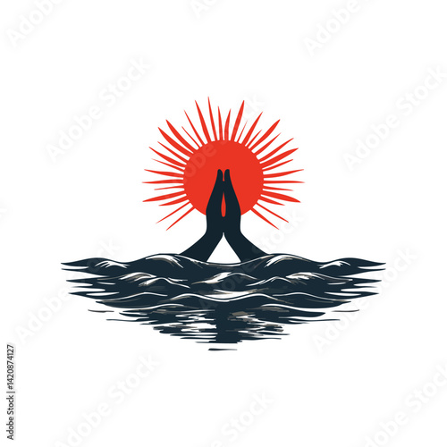 Hands in Prayer with Rising Sun Above Ocean Waves Illustration

