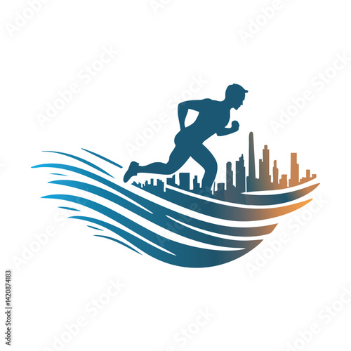 Dynamic Running Silhouette with Cityscape and Stylized Wave Design

