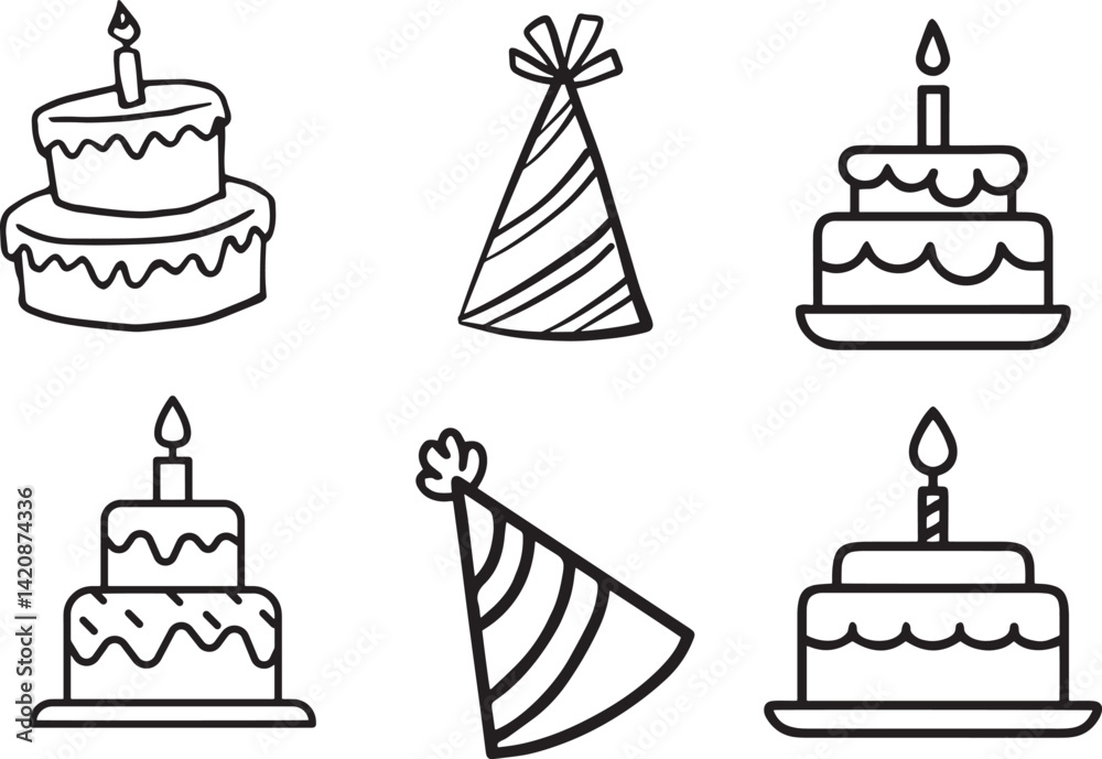 Set of Black Line Drawings of Birthday Cakes with Candles and Party Hats for Celebration Themes Set of Black Line Drawings of Birthday Cakes with Candles and Party Hats for Celebration Themes