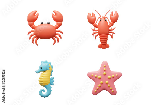 Colorful Collection of Marine Creatures Including Crab Lobster Seahorse and Starfish