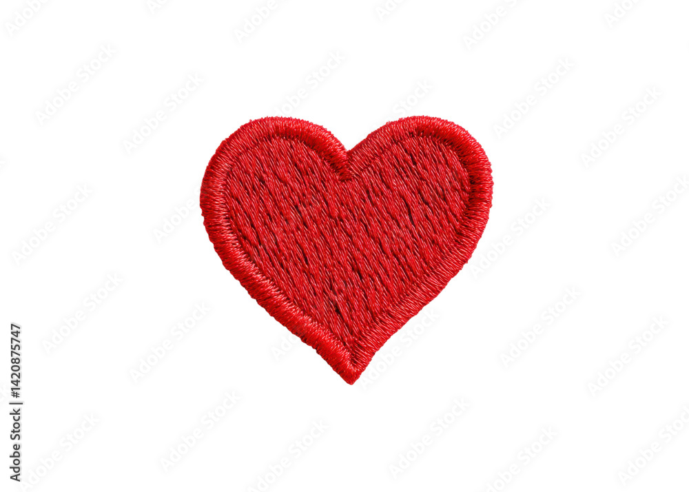 Red heart embroidered patch on transparent background. Symbol of love, romance, and Valentine's Day. Red heart embroidered patch on transparent background. Symbol of love, romance, and Valentine's Day.