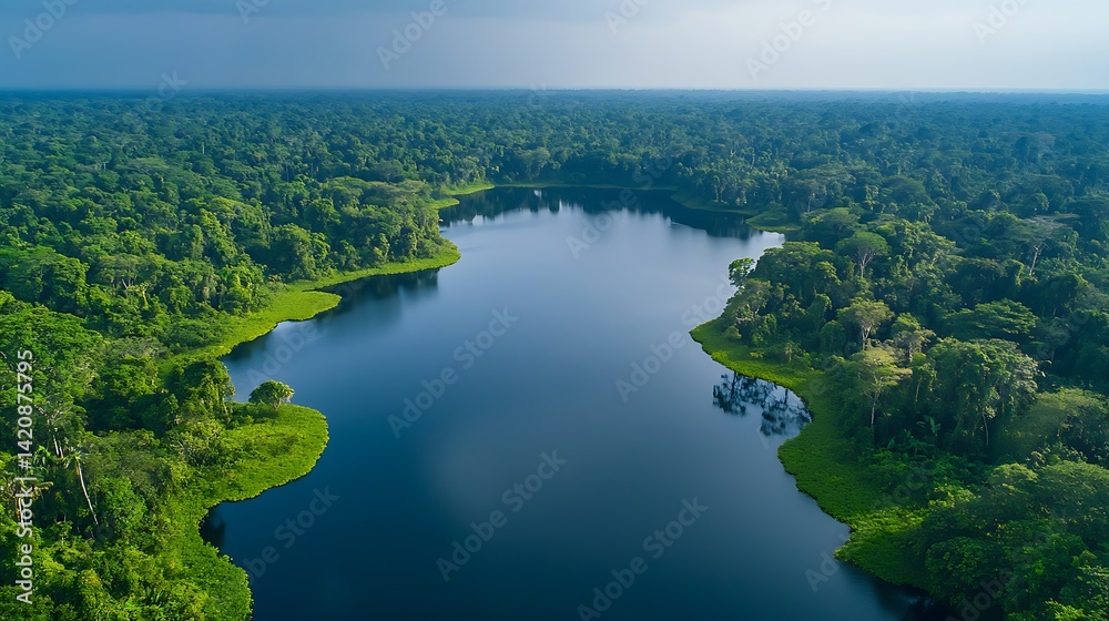 Aerial View of Rainforest and Lake with Island, Aerial view of a lush green rainforest surrounding a tranquil blue lake Aerial View of Rainforest and Lake with Island, Aerial view of a lush green rainforest surrounding a tranquil blue lake