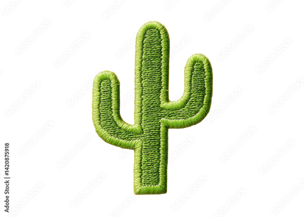 Green cactus embroidered patch on transparent background. Concept of desert plants, embroidery, and decoration. Green cactus embroidered patch on transparent background. Concept of desert plants, embroidery, and decoration.