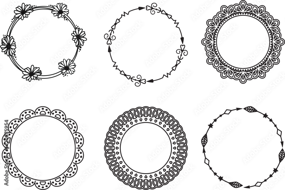Obraz premium Collection of 6 Decorative Circular Frames with Floral and Ornamental Patterns