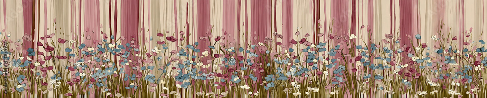 Obraz premium A painting of a field of flowers with a pink and blue background