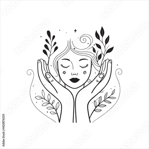Spiritual woman with open hands and leaves – peaceful self-care meditation botanical line art vector drawing