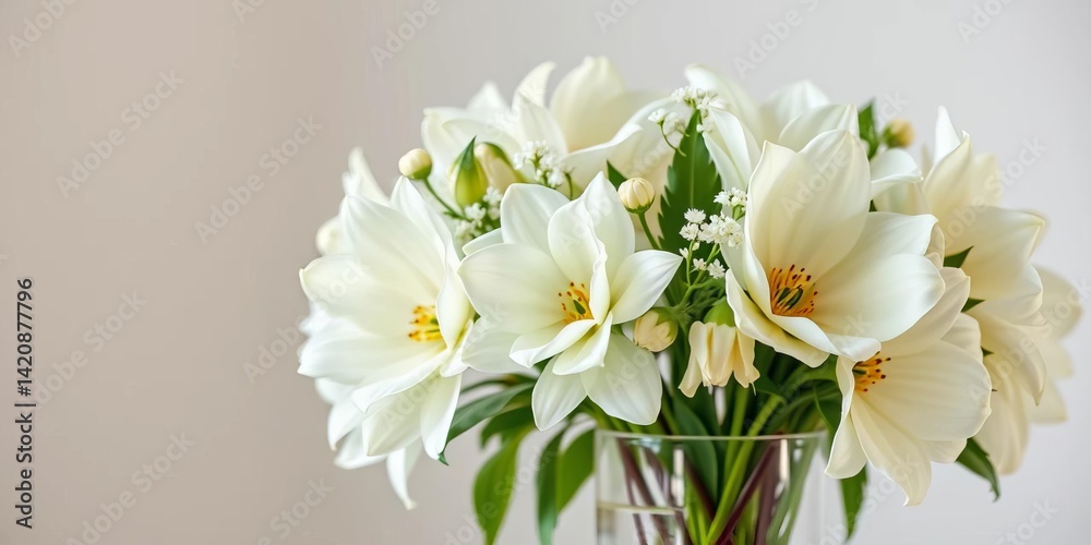 Fototapeta premium Elegant white floral arrangement in a clear glass vase, clean, white flowers