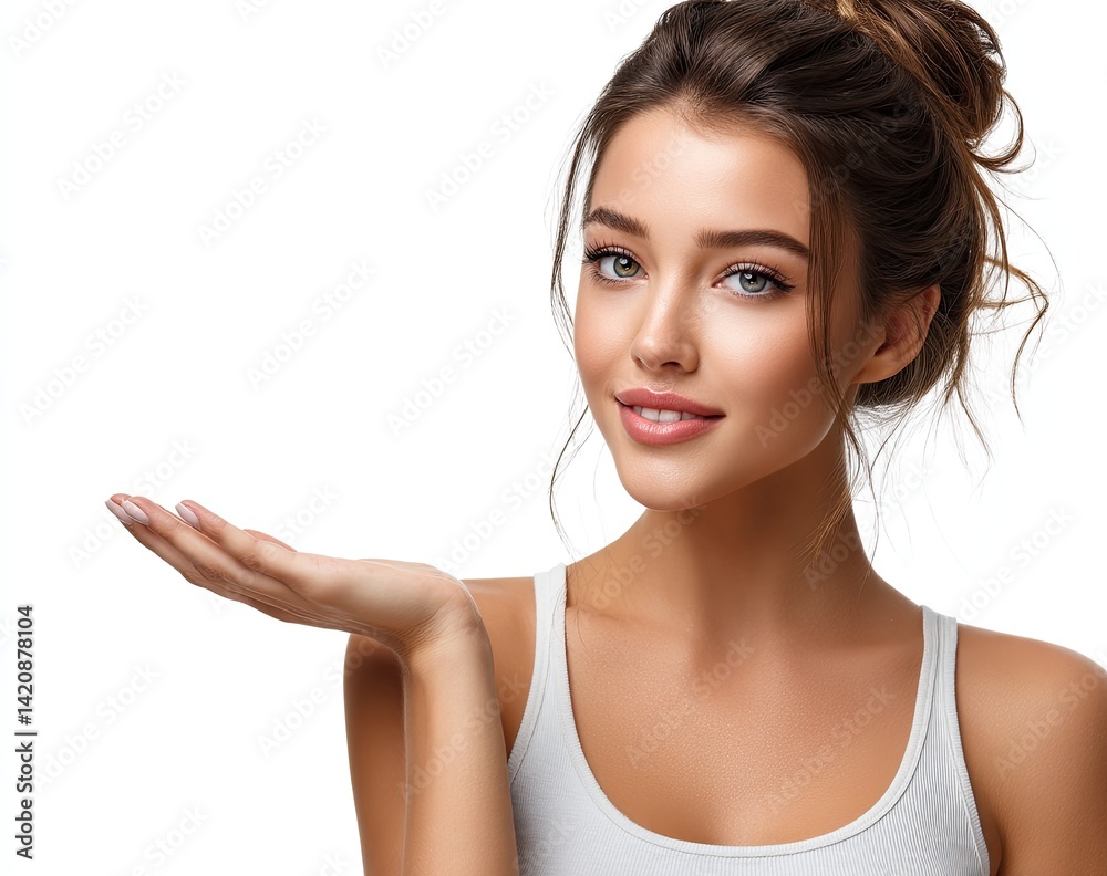 A beautiful woman with her hand open, against a white background. A beautiful woman with her hand open, against a white background.