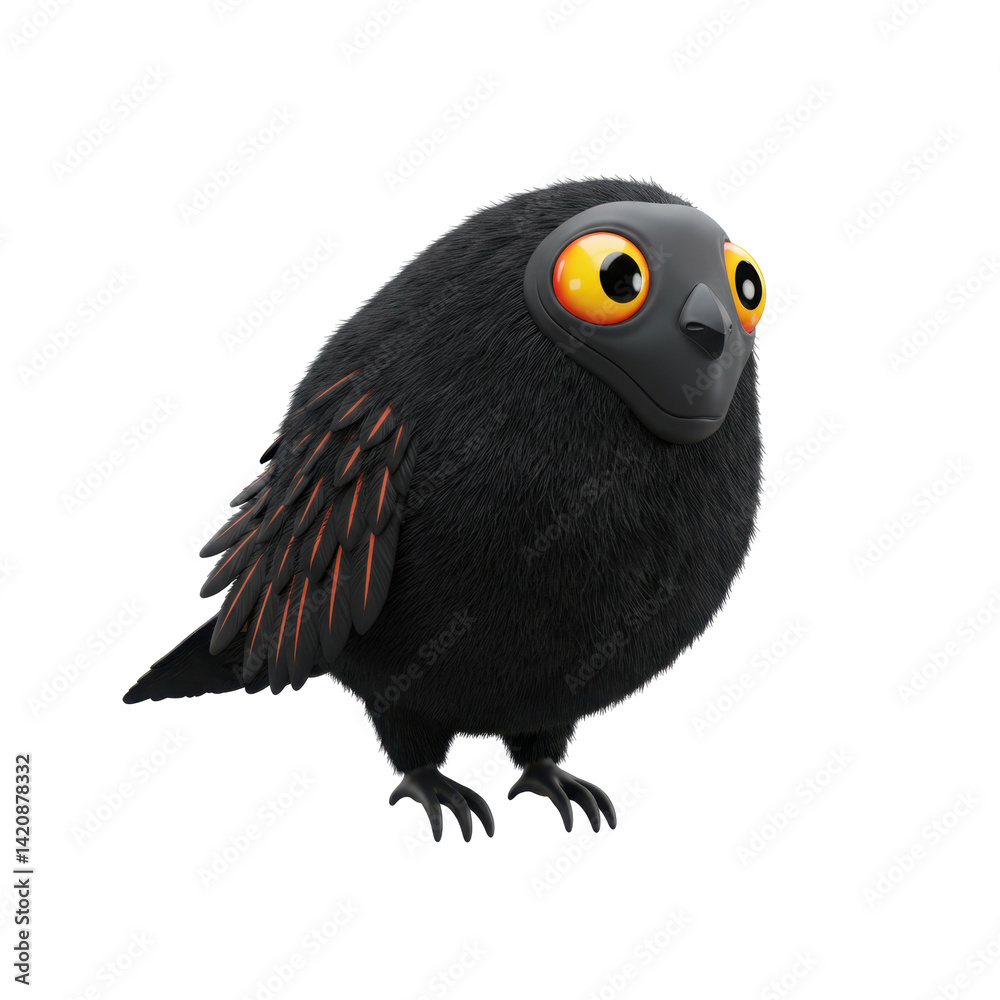Obraz premium Cute Cartoon Bird Character with Fluffy Black Feathers and Bright Yellow Eyes on Transparent Background