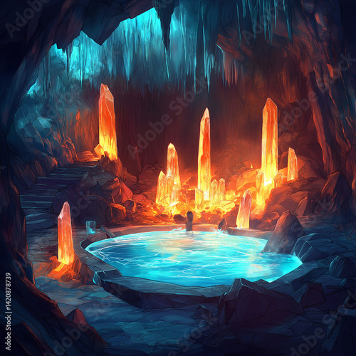 lava rock tub surrounded by glowing crystal formations in a fantasy cave.